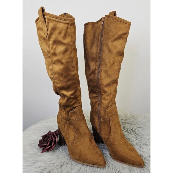 Cherish Lyndsy-11 Suede Knee High Boots Brown Block Heel Western Pointed Toe 5.5 - Picture 7 of 15